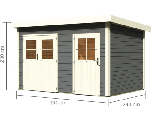Gartenhaus aus Holz mit zwei Türen und Maßangaben