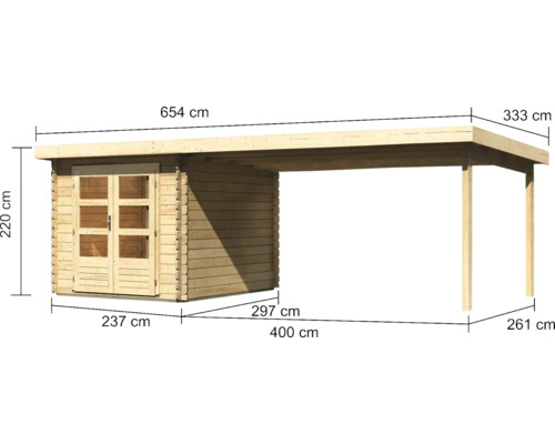 Abbildung eines Holzhauses mit Carport und Maßangaben.
