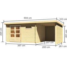 Blockbohlenhaus Karibu Noorvik 8 mit Schleppdach 2 m, Rück- und Seitenwand 604,5 x 333 cm natur