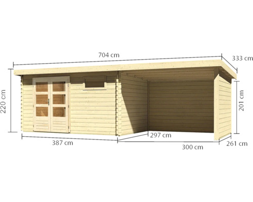 Abmessungen eines Holzgartenhauses mit Doppeltür und Carport