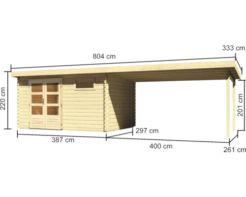 Holzgartenhaus mit Carport und Maßangaben
