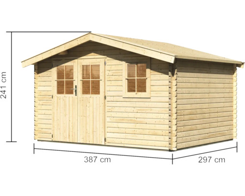Abri de jardin en bois avec porte, fenêtre et dimensions de 387 sur 297 sur 241 centimètres