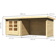 Blockbohlenhaus Karibu Noorvik 2 mit Schleppdach 3 m Rück- und Seitenwand 554 x 273 cm natur
