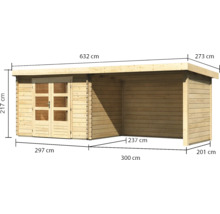 Blockbohlenhaus Karibu Noorvik 3 mit Schleppdach 3 m, Rück- und Seitenwand 614 x 273 cm natur