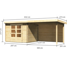 Gartenhaus Karibu Noorvik 3 inkl. Anbaudach 3 m, Rückwand 614 x 273 cm natur