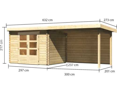 Abmessungen eines Holzgartenhauses mit Vordach