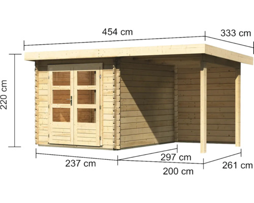 Abbildung eines Holzgartenhauses mit Maßangaben