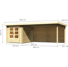Gartenhaus Karibu Noorvik 4 inkl. Anbaudach 4 m, Rückwand 654 x 333 cm natur