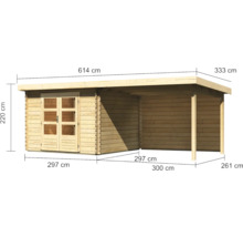 Gartenhaus Karibu Noorvik 5 inkl. Anbaudach 3 m, Rückwand 614 x 333 cm natur