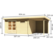 Gartenhaus Karibu Noorvik 8 inkl. Anbaudach 2 m, Rückwand 604,5 x 333 cm natur