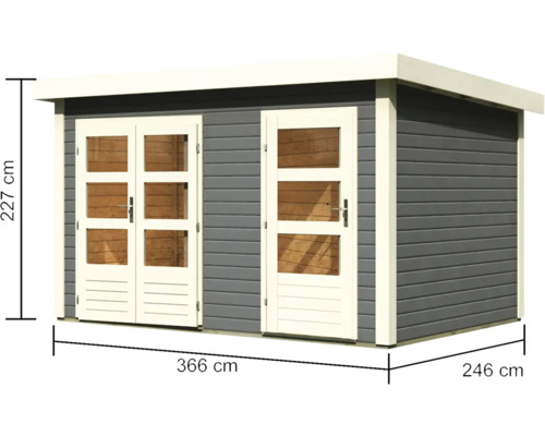 Abri de jardin avec porte double et porte simple, dimensions 366 x 246 x 227 cm