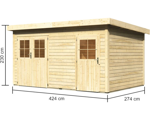 Holzgartenhaus mit zwei Türen und Maßangaben