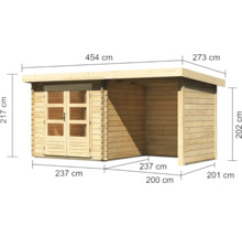 Blockbohlenhaus Karibu Noorvik 2 mit Schleppdach 2 m, Rück- und Seitenwand 454 x 273 cm natur
