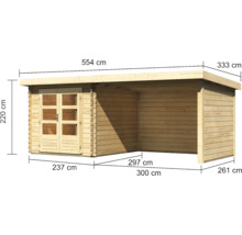 Blockbohlenhaus Karibu Noorvik 4 mit Schleppdach 3 m, Rück- und Seitenwand 554 x 333 cm natur