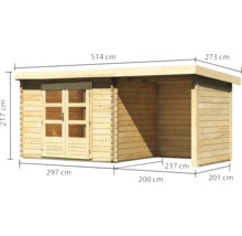 Blockbohlenhaus Karibu Noorvik 3 mit Schleppdach 2 m, Rück- und Seitenwand 514 x 273 cm natur