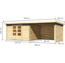 Blockbohlenhaus Karibu Noorvik 7 mit Schleppdach 3 m, Rück- und Seitenwand 674,5 x 333 cm natur