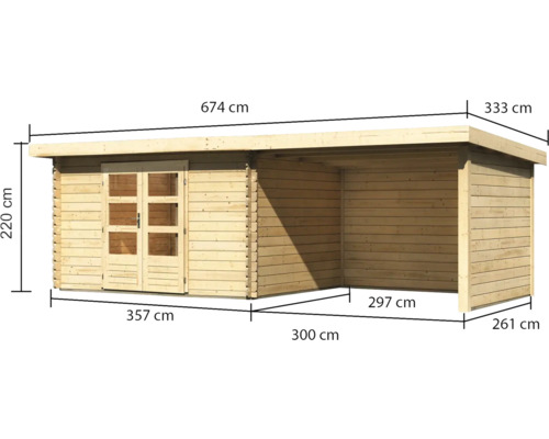 Abri de jardin en bois avec des dimensions de 674 sur 333 sur 220 centimètres