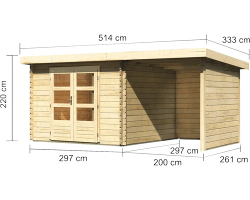 Abbildung eines Holzgartenhauses mit Maßangaben
