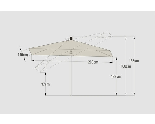 Représentation dimensionnelle d'un parasol avec indication de la hauteur et de la largeur