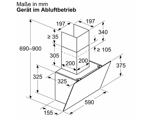 Dimensions d''une hotte aspirante en mode extraction d''air en millimètres