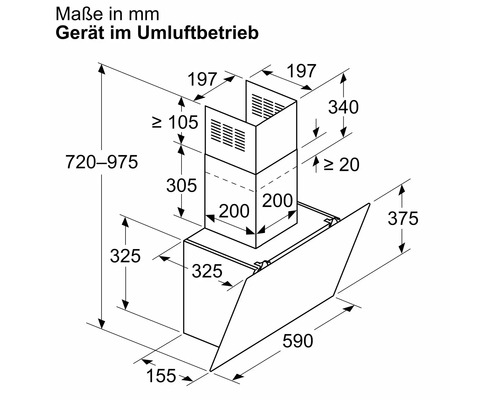 Dimensions de la hotte aspirante à recyclage d''air en millimètres