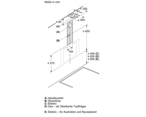 Schéma d''installation avec dimensions en millimètres pour une hotte aspirante