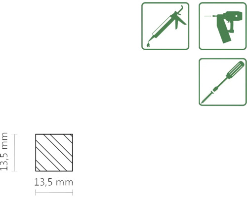 Image symbolique pour le traitement avec de la colle, un pistolet à clous et un tournevis, ainsi que l''indication des dimensions 13,5 mm.