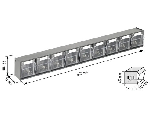 Schubladenregal mit zehn durchsichtigen Schubladen und Größenangaben