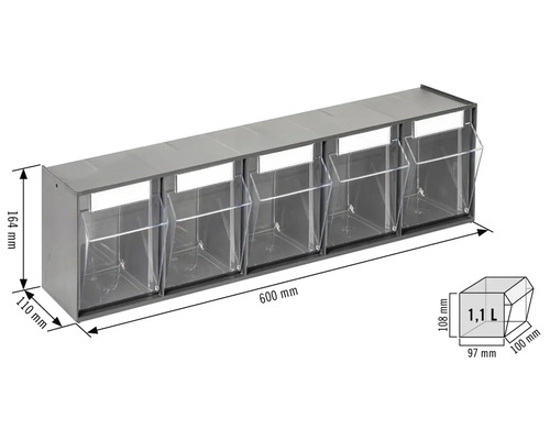 Regal mit sechs transparenten Vorratsbehältern zur Wandmontage, Abmessungen sind dargestellt