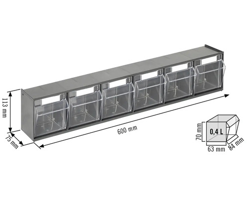 Étagère de rangement avec cinq boîtes transparentes et dimensions