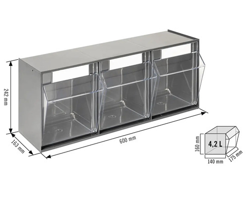 Drei transparente Schüttenboxen mit den Maßen 600 x 242 x 163 Millimeter und einem Fassungsvermögen von 4,2 Litern