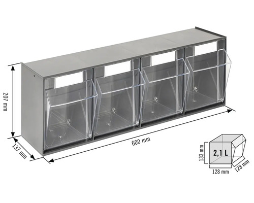 Étagère avec quatre boîtes transparentes et indications de dimensions