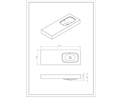 Technische Zeichnung eines Waschtischs mit Maßen