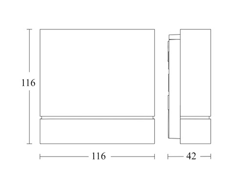 Technische Zeichnung einer rechteckigen Wandleuchte mit den Maßen 116 x 116 x 42 Millimeter