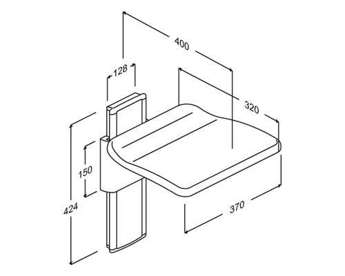 Technische Zeichnung eines Duschsitzes mit Maßen