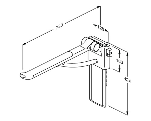 Technische Zeichnung einer Hebevorrichtung mit Maßangaben