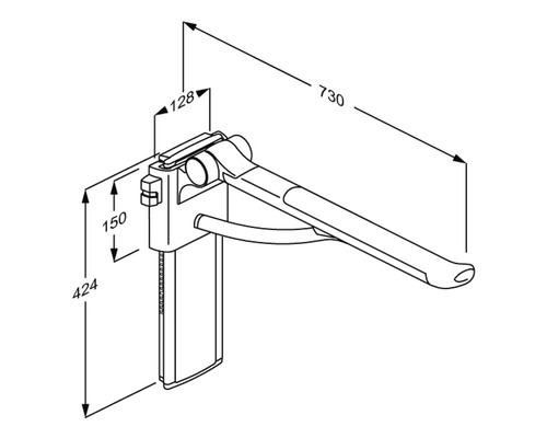 Technische Zeichnung eines Stützklappgriffs mit Maßangaben.