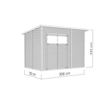 Abbildung eines Gartenhauses mit den Maßen 202 cm x 306 cm x 233 cm.
