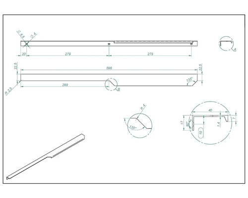 Technische Zeichnung eines Metallprofils mit Maßangaben