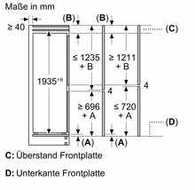 Maßzeichnung eines Einbaukühlschranks mit den Maßen in Millimeter