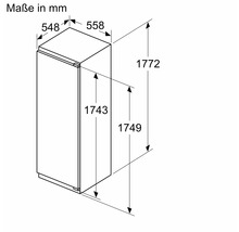 Masszeichnung eines Kühlschranks mit Abmessungen in Millimetern.
