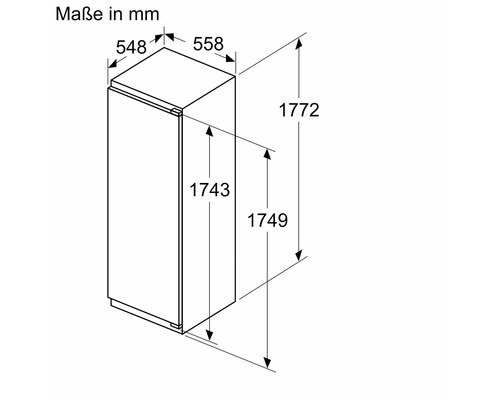 Masszeichnung eines Kühlschranks mit Abmessungen in Millimetern.