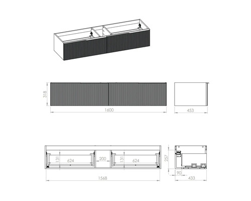 Dessin technique d''un meuble sous-lavabo avec dimensions