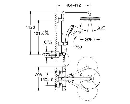 Schéma technique d''une robinetterie de douche avec indications de mesure