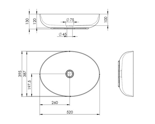 Technische Zeichnung eines Aufsatzwaschbeckens mit Maßangaben