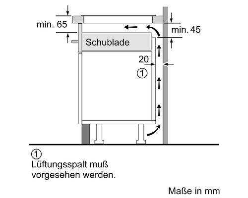 Installationszeichnung eines Küchenunterschranks mit Schublade und Maßangaben zu Wandabstand und Lüftungsspalt.