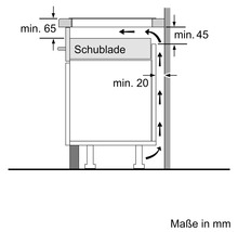 Technische Zeichnung eines Unterschranks mit Schublade und Mindestmaßen in Millimeter