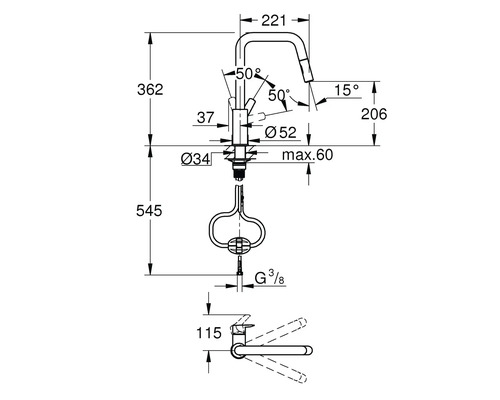 Dessin technique d''un robinet de cuisine avec dimensions