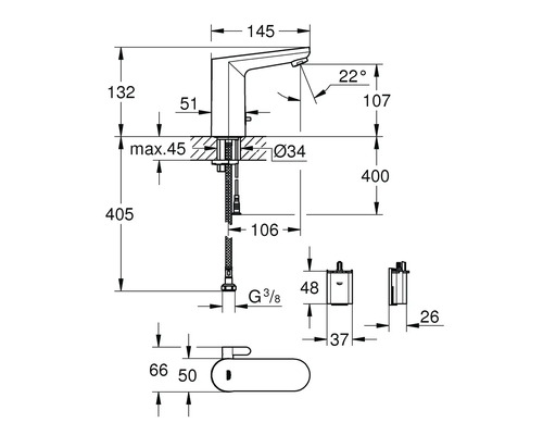 Technische Zeichnung einer Waschtischarmatur mit Maßangaben