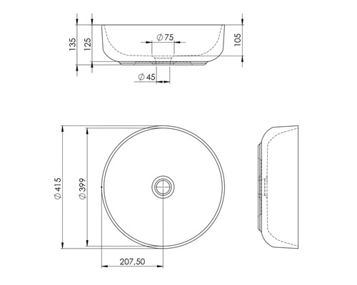 Technische Zeichnung eines runden Aufsatzwaschbeckens mit Maßangaben